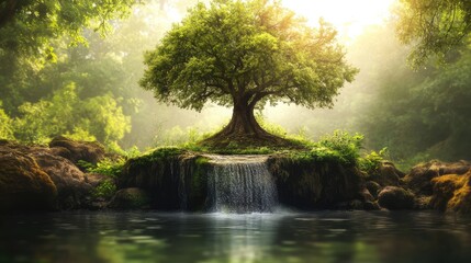 Poster - Majestic tree by tranquil waterfall in lush green forest reflecting serene nature and outdoor travel vibes