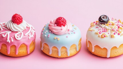 Poster - Colorful decorated cupcakes with creamy toppings and vibrant sprinkles on a pastel pink background for festive baking and dessert themes