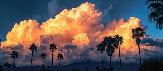 Poster - Tropical palm trees silhouetted against dramatic clouds illuminated by sunset colors creating a picturesque evening scene