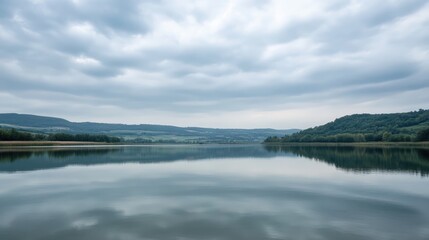 Aufkleber - Calm lake reflecting overcast sky and hills in serene countryside landscape illuminated by soft natural light