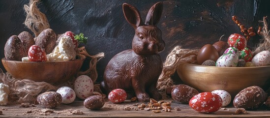 Poster - Easter celebration scene featuring colorful eggs and a chocolate bunny surrounded by earthy decorations and festive treats on a rustic table.