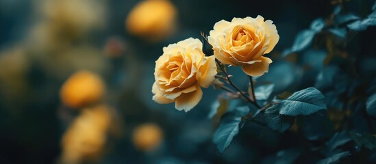 Poster - Close up view of vibrant yellow roses with lush green leaves creating a beautiful floral composition in soft natural light