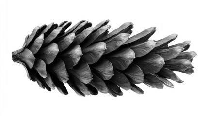 Poster - Black and white photograph of a detailed pine cone isolated on a plain white background showcasing natural textures and shapes.