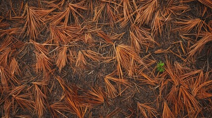 Poster - Pine needles scattered on a ground surface creating a natural earthy background texture in a tranquil outdoor setting