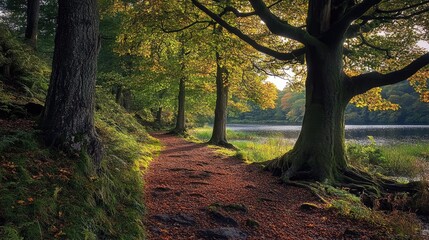 Aufkleber - Serene forest path with autumn foliage leading to a tranquil lake surrounded by lush greenery and sunlight filtering through the trees.