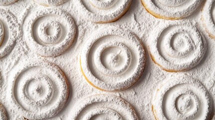Poster - Delicate round pastries dusted with powdered sugar arranged in a visually pleasing pattern on a white surface.