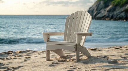 Poster - Adirondack chair on sandy beach at sunset with ocean waves in the background creating a serene and tranquil coastal atmosphere
