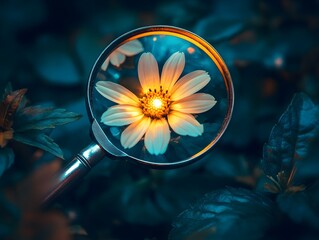 Aufkleber - Beautiful Close-Up of a Vibrant Flower Reflected Through a Magnifying Glass Surrounded by Rich Green Leaves, Capturing Nature's Intricacies and Colors