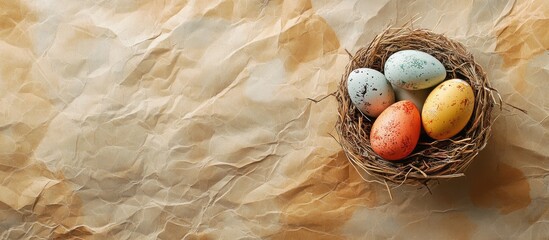 Nest with colorful eggs on eco-friendly craft paper backdrop perfect for seasonal greetings or Easter celebration text copy