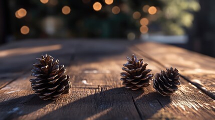 Poster - pine cones arranged on rustic wood table with soft bokeh background creating a calm and natural holiday ambiance