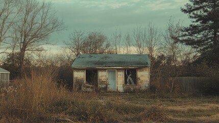 Abandoned house on the outskirts with overgrown vegetation and a cloudy sky creating an eerie atmosphere of neglect and desolation.