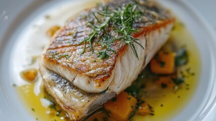 Poster - Elegant Oven Baked Sea Bream Garnished with Fresh Herbs and Seasonal Vegetables on a White Plate