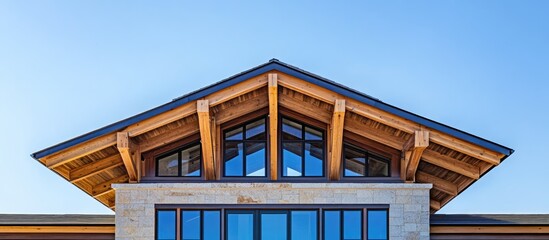Poster - Modern architectural design of a new home with a wooden frame and beams against a clear blue sky highlighting contemporary aesthetics