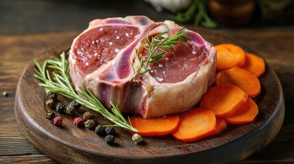 Aufkleber - Raw veal shank cut on wooden board with fresh herbs and sliced carrots ready for preparation of traditional Italian dish Osso Buco