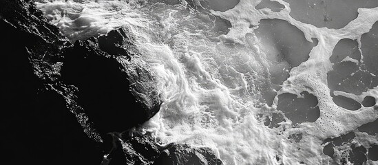 Poster - Overhead view of ocean waves crashing against rocks creating ripples and foam in a dramatic black and white beach scene