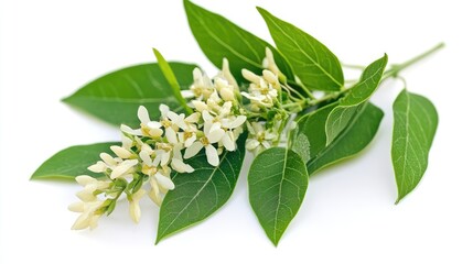Poster - Botanical illustration of white flower and green leaves on a white background showcasing the beauty of nature and flora detail.