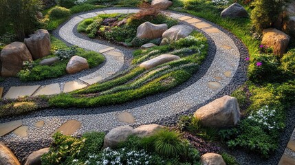 Poster - Serene landscape design featuring winding pathways, lush greenery, and decorative stones for a tranquil outdoor space.