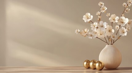 Poster - Minimalistic design composition featuring a vase with paper flowers and gold decorative balls on a wooden table with soft lighting.