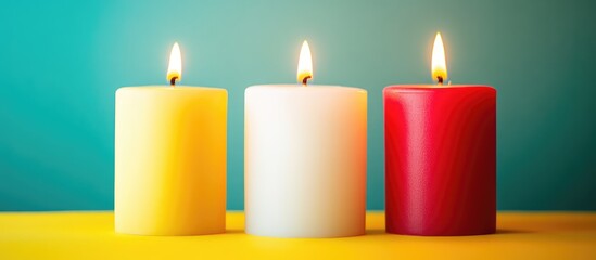 Poster - Vibrant colorful candles in red yellow and white glowing against a bright teal background creating a warm and inviting atmosphere