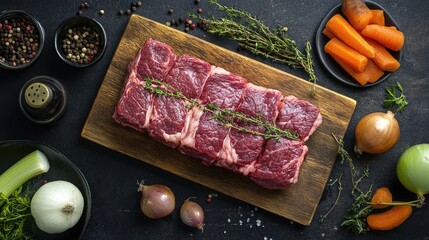Poster - Osso buco beef preparation with fresh vegetables herbs and spices on a wooden cutting board top view culinary concept