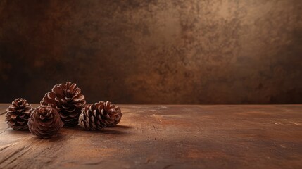 Poster - Natural pine cones arranged on a rustic wooden table with warm earthy tones for a cozy autumn or holiday decoration theme