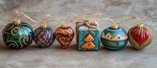 Aufkleber - Decorative Christmas ornaments and beautifully wrapped gift packages arranged elegantly on a textured surface for festive holiday appeal