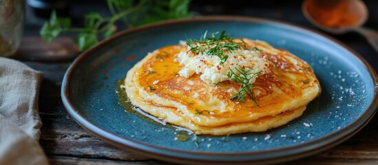 Poster - Delicious pancakes topped with cheese and herbs on a blue plate perfect for a healthy holiday meal