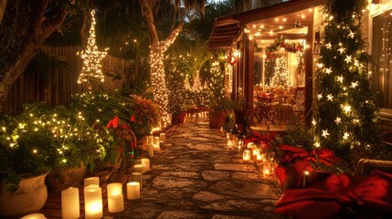 Poster - Charming outdoor holiday decorations with glowing lights and festive ambiance inviting warmth and joy during the festive season
