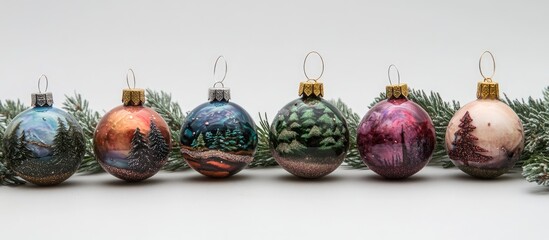 Poster - Decorative Christmas ornaments featuring detailed nature landscapes in various colors and designs on a serene background of pine branches