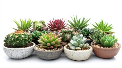 Poster - Decorative succulent plants in various pots featuring vibrant colors on a clean white background