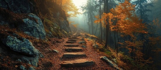 Poster - Scenic Mountain Trail with Stone Steps Surrounded by Autumn Colors and Misty Forest Atmosphere