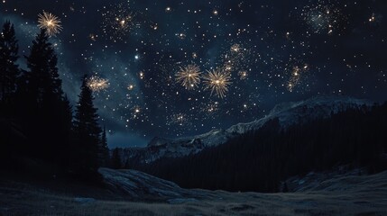 Aufkleber - Night sky illuminated by vibrant fireworks above a serene landscape with mountains and trees creating a festive atmosphere.