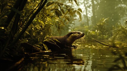 Aufkleber - Otter in lush green habitat by the water highlighted in soft natural light showcasing wildlife and serene environment