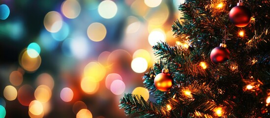 Poster - abstract new year backdrop with colorful bokeh lights and christmas tree decorations creating a fest