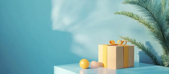 Poster - Colorful gift box with decorative elements on a bright blue background creating a festive and cheerful atmosphere for celebrations.