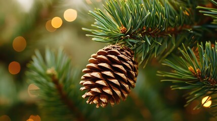 Poster - Pine Cone Hanging From Evergreen Branch Surrounded by Soft Blurred Lights in a Forest Setting
