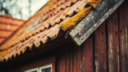 Aufkleber - Rustic wooden building detail with moss-covered roof tiles showing the passage of time and nature's influence on architecture