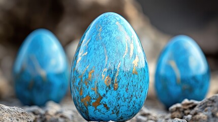 Aufkleber - Beautifully decorated blue ostrich eggs with golden accents displayed against a rocky background showcasing unique artistic craftsmanship.