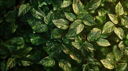 Poster - Lush green ornamental plants foliage with textured leaves creating a serene natural background for design or decor purposes