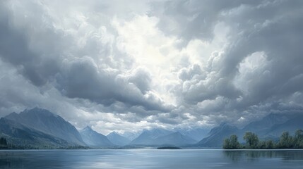 Aufkleber - Serene overcast sky reflecting over a tranquil lake surrounded by majestic mountains