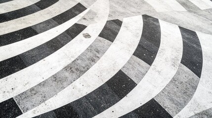 Poster - Abstract asphalt road design featuring geometric shapes and patterns with traffic signs and zebra crossing in black and white colors.
