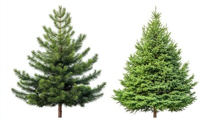 Poster - Isolated green pine trees on a white background showcasing different shapes and textures for nature and landscaping concepts