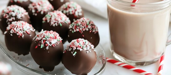 Poster - Peppermint brownie cake pops displayed with a glass of chocolate milk featuring a colorful straw on a marble surface.