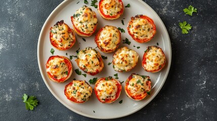 Poster - Oven Baked Red Prawns Stuffed with Cheese on a Round Plate Displayed Against a Dark Gray Background Culinary Flat Lay Perspective