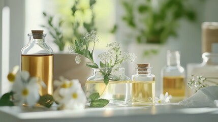 Aufkleber - Aromatic essential oils in elegant glass bottles with fresh herbs and natural elements on a white table creating a serene atmosphere