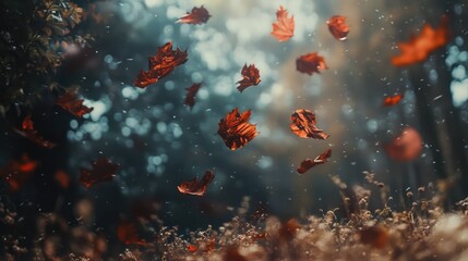 Poster - Autumn leaves falling in a serene forest with soft sunlight filtering through the trees creating a magical atmosphere in nature