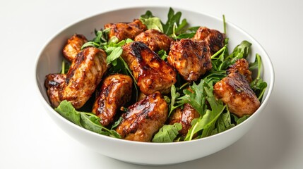 Poster - Oven Roasted Chicken Wings Served on Fresh Greens in a Bowl Isolated on White Background