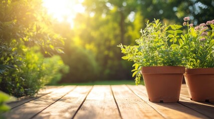 Poster - Sunlit potted plants on a wooden deck surrounded by greenery creating a serene outdoor atmosphere in a natural setting.