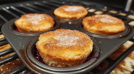 Poster - Freshly baked blueberry muffins with a cinnamon sugar topping in a muffin tin on a stovetop setting.