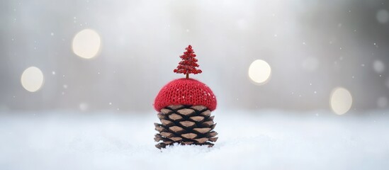 Poster - Pine cone with red tree hat surrounded by soft bokeh lights on snow creating a whimsical winter holiday atmosphere